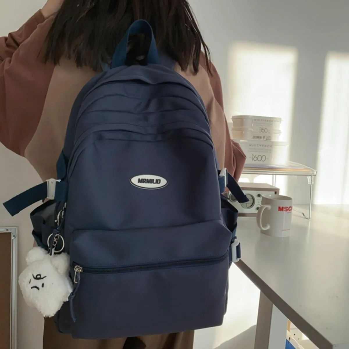 Kawaii Backpack with Cute Accessories Casual Aesthetic Daypack Simple Laptop Bag Waterproof Travel Rucksack for Women (dark blue)