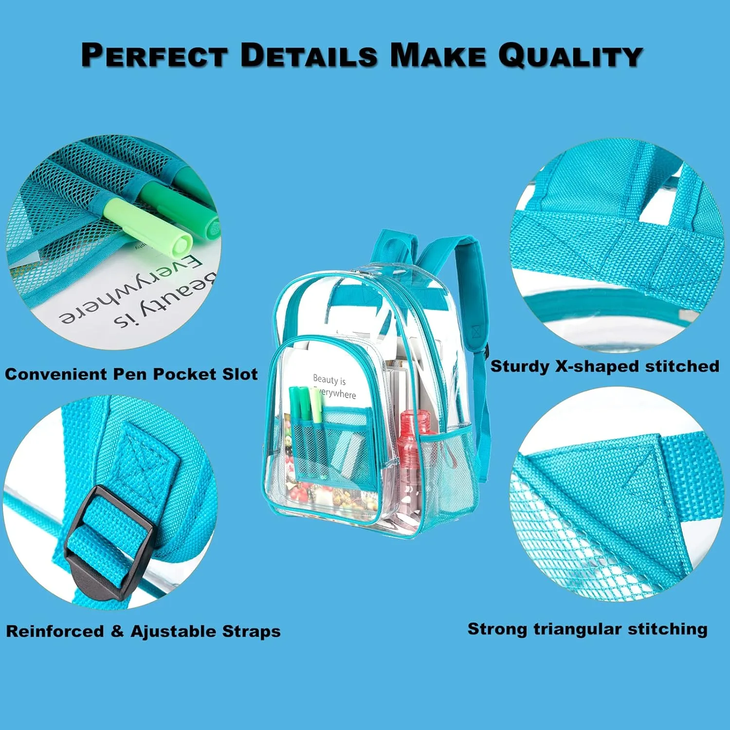 Keepcross Teal Clear Backpack for Boys Girls Kids,Heavy Duty PVC Transparent Clear Bookbag with Reinforced Straps for School Work