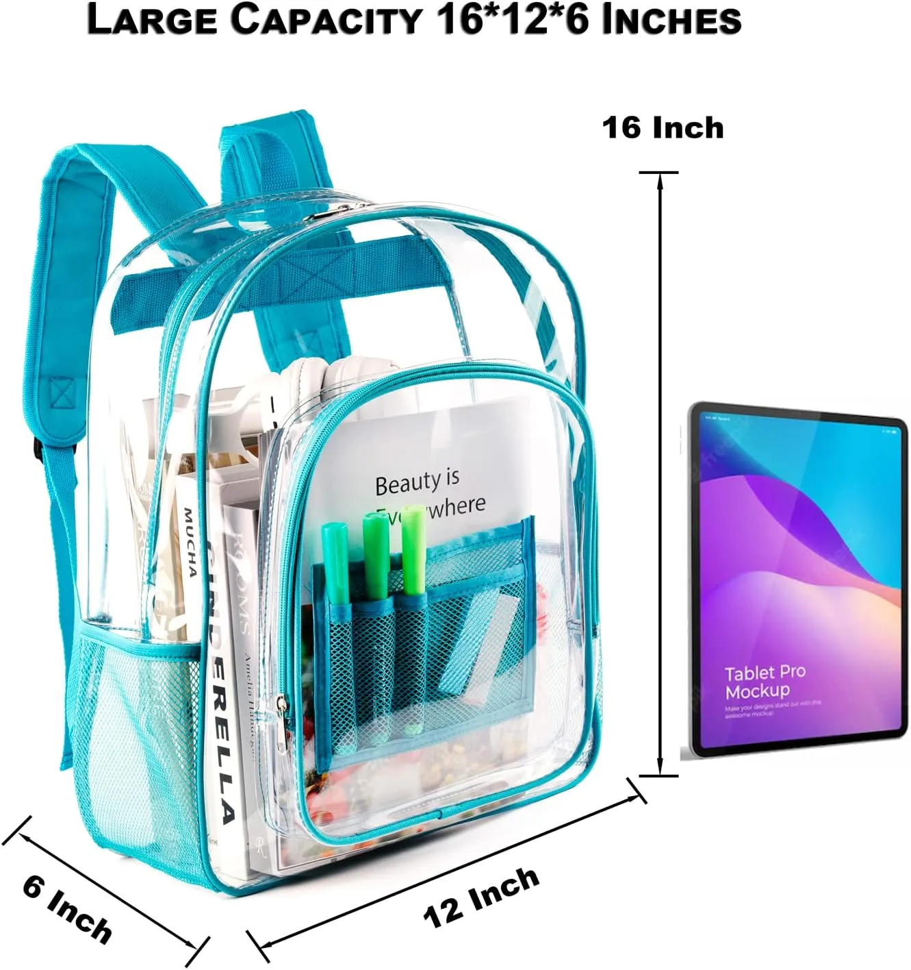 Keepcross Teal Clear Backpack for Boys Girls Kids,Heavy Duty PVC Transparent Clear Bookbag with Reinforced Straps for School Work