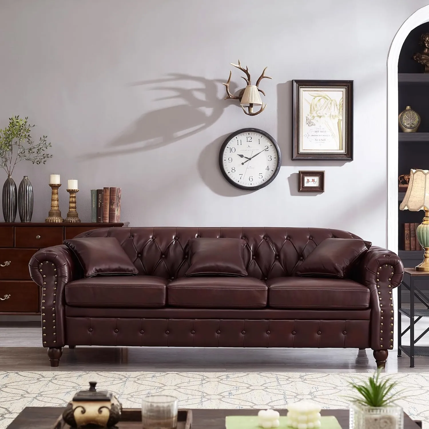 KEIKI 85.8" Chesterfield Sofa, Retro Style Upholstered with Storage Faux Leather PU Couch with Rolled Arm, Nailhead for Living Room Bedroom Office Apartment, Burgundy