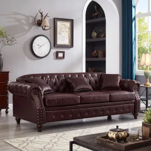 KEIKI 85.8" Chesterfield Sofa, Retro Style Upholstered with Storage Faux Leather PU Couch with Rolled Arm, Nailhead for Living Room Bedroom Office Apartment, Burgundy