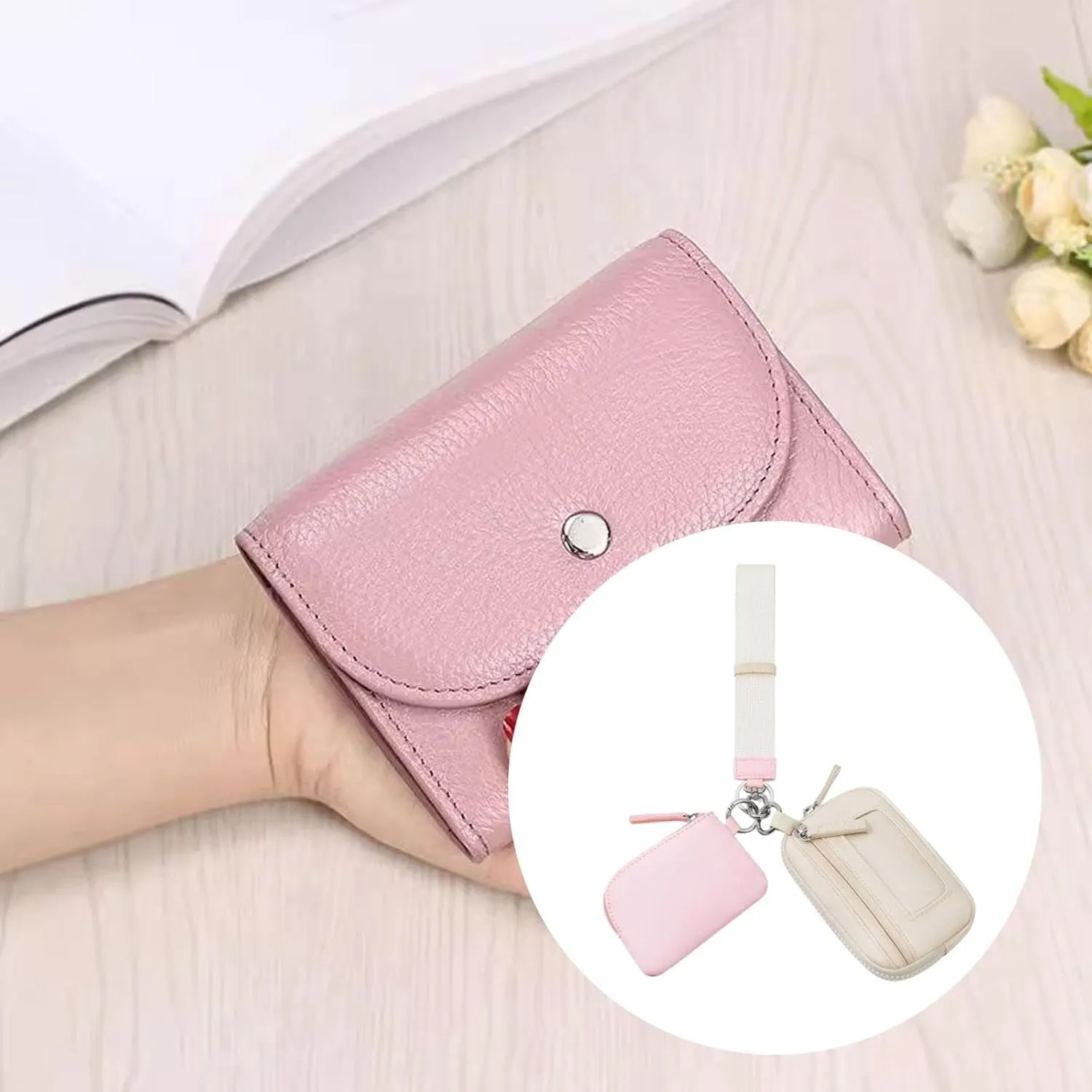 Keychain Wristlet Wallet Small Wallet with Keyring Bag Water Resistant Practical Purse Double Pouch for Birthday Gift Trekking, Pink Beige