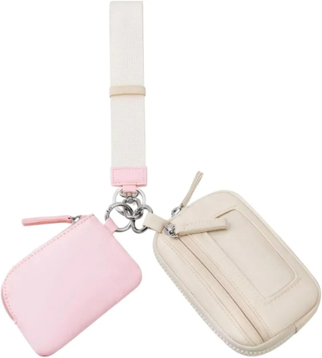 Keychain Wristlet Wallet Small Wallet with Keyring Bag Water Resistant Practical Purse Double Pouch for Birthday Gift Trekking, Pink Beige