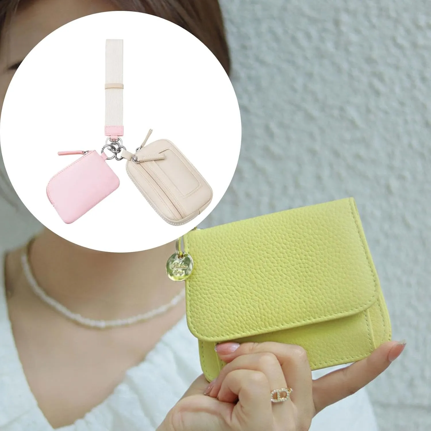Keychain Wristlet Wallet Small Wallet with Keyring Bag Water Resistant Practical Purse Double Pouch for Birthday Gift Trekking, Pink Beige