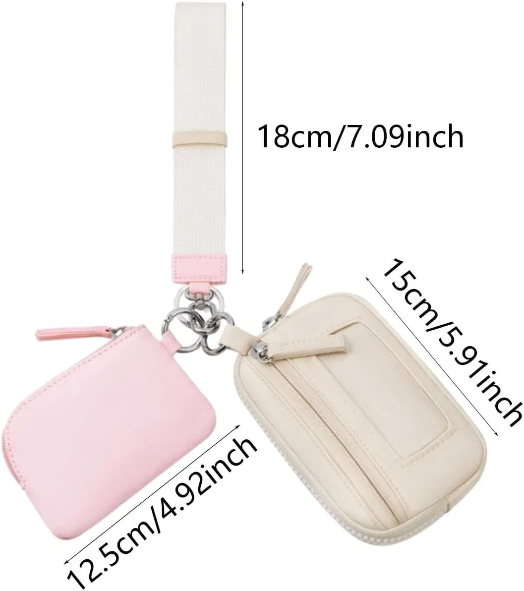 Keychain Wristlet Wallet Small Wallet with Keyring Bag Water Resistant Practical Purse Double Pouch for Birthday Gift Trekking, Pink Beige