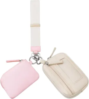 Keychain Wristlet Wallet Small Wallet with Keyring Bag Water Resistant Practical Purse Double Pouch for Birthday Gift Trekking, Pink Beige