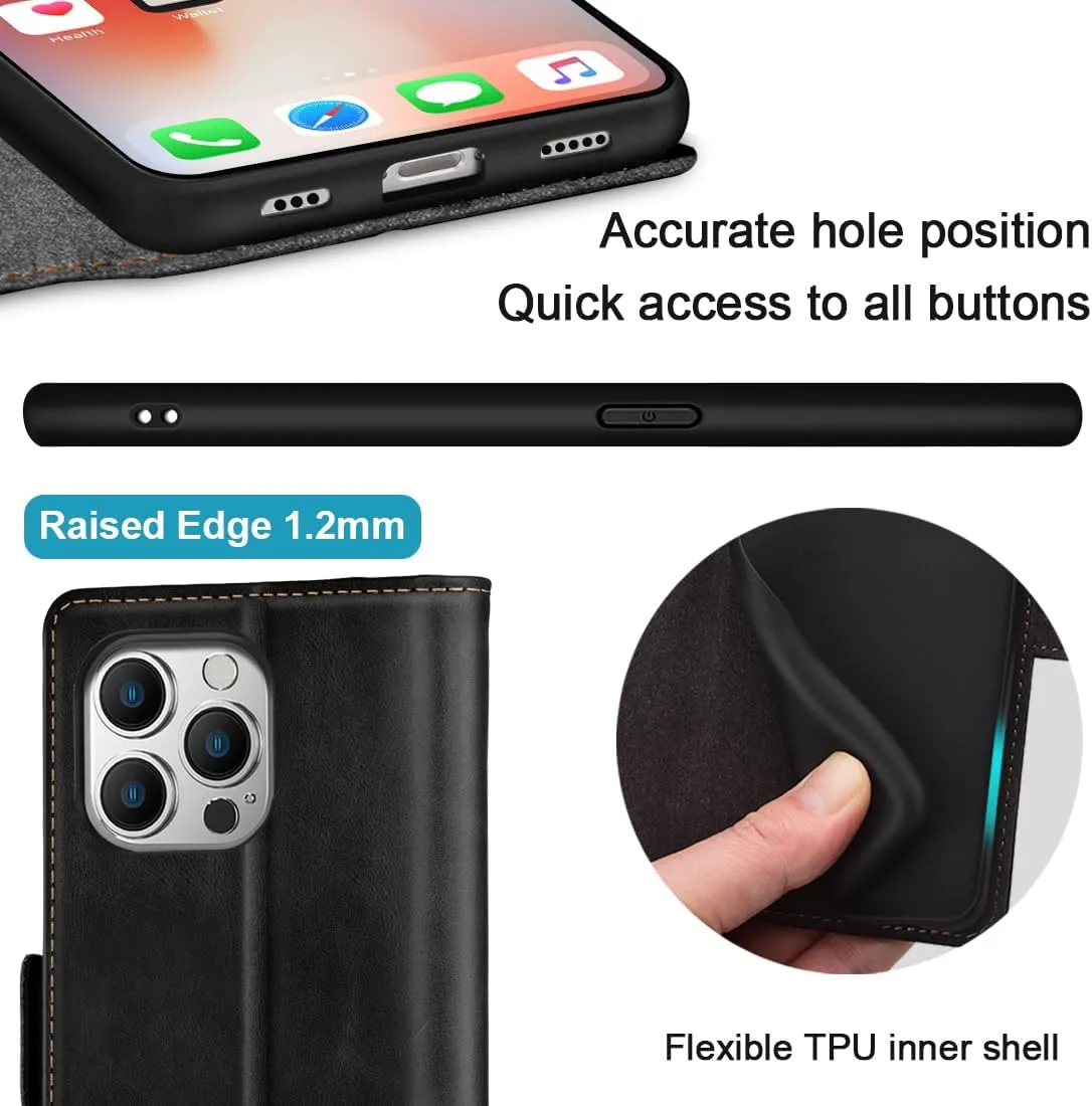 KEZiHOME Compatible with iPhone 15 Pro Case, [RFID Blocking] Genuine Leather Wallet Case [Credit Card Holder] Shockproof Stand Flip Protective Cover for iPhone 15 Pro 6.1'' (Black/Brown)