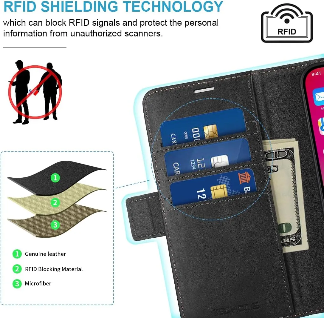 KEZiHOME Compatible with iPhone 15 Pro Case, [RFID Blocking] Genuine Leather Wallet Case [Credit Card Holder] Shockproof Stand Flip Protective Cover for iPhone 15 Pro 6.1'' (Black/Brown)