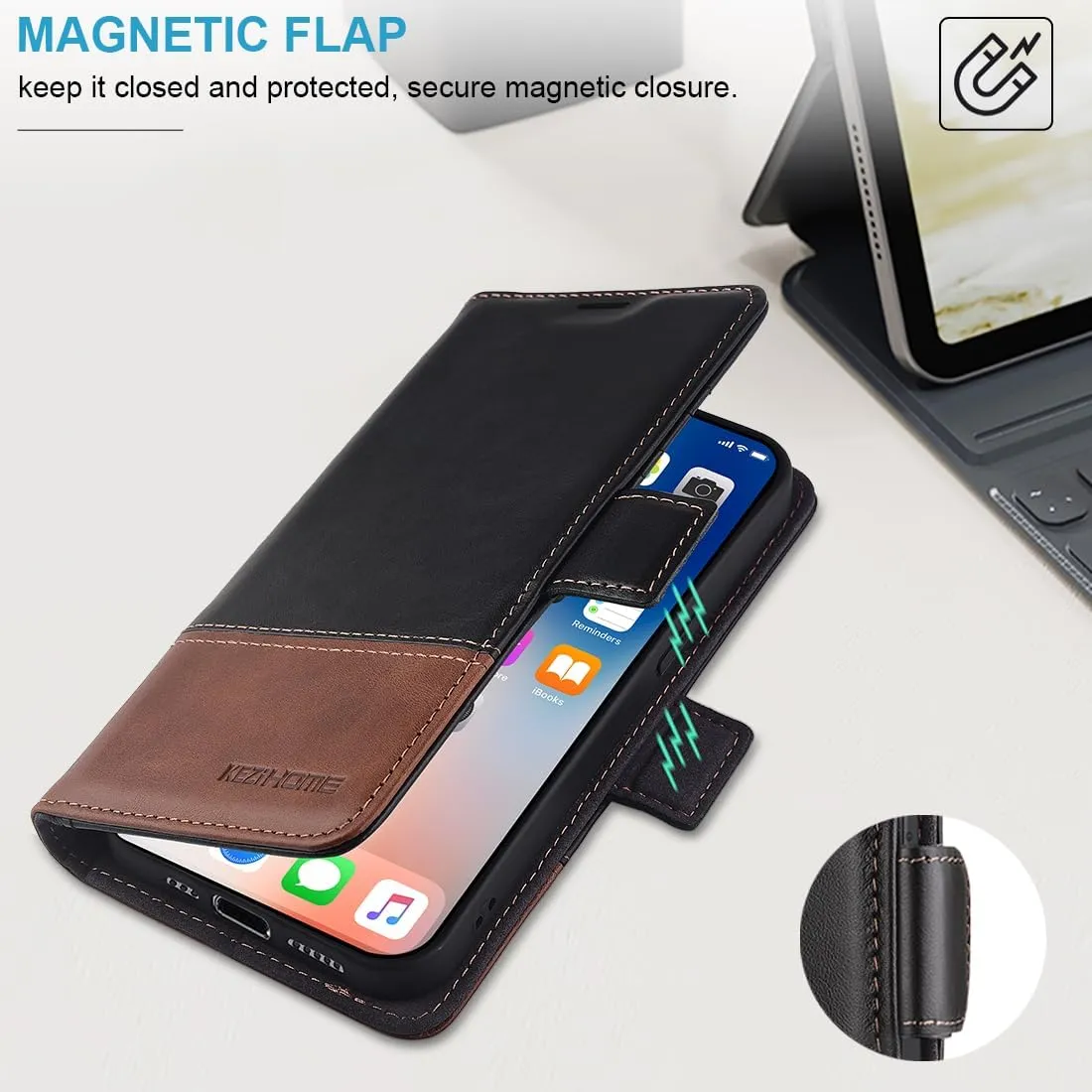 KEZiHOME Compatible with iPhone 15 Pro Case, [RFID Blocking] Genuine Leather Wallet Case [Credit Card Holder] Shockproof Stand Flip Protective Cover for iPhone 15 Pro 6.1'' (Black/Brown)