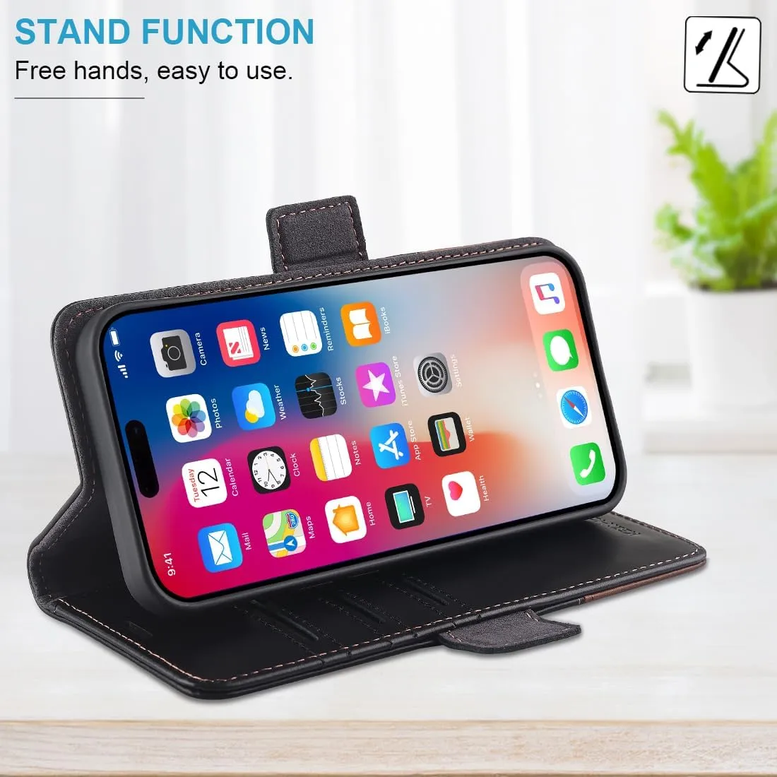 KEZiHOME Compatible with iPhone 15 Pro Case, [RFID Blocking] Genuine Leather Wallet Case [Credit Card Holder] Shockproof Stand Flip Protective Cover for iPhone 15 Pro 6.1'' (Black/Brown)