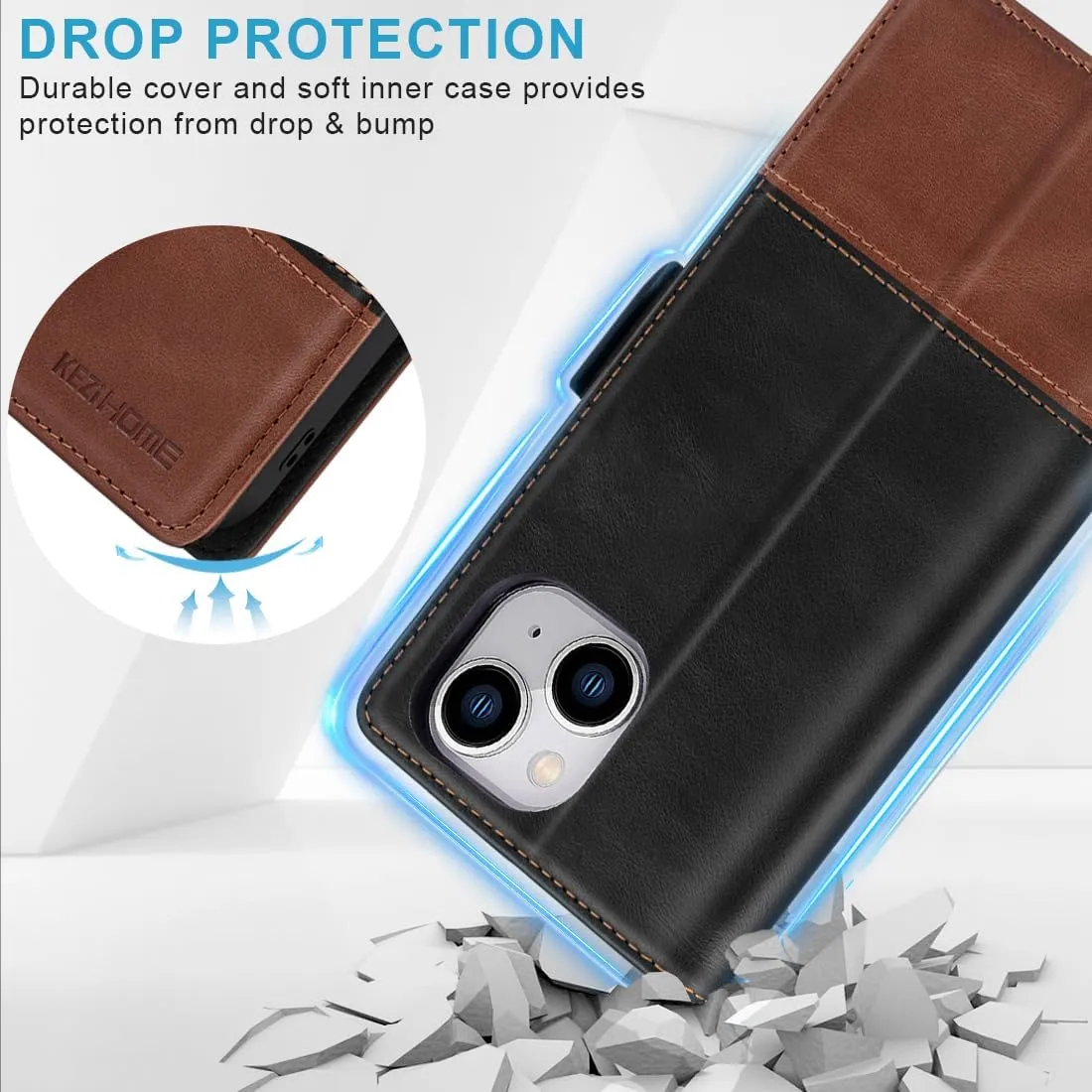 KEZiHOME Compatible with iPhone 15 Pro Case, [RFID Blocking] Genuine Leather Wallet Case [Credit Card Holder] Shockproof Stand Flip Protective Cover for iPhone 15 Pro 6.1'' (Black/Brown)