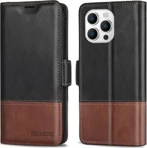 KEZiHOME Compatible with iPhone 15 Pro Case, [RFID Blocking] Genuine Leather Wallet Case [Credit Card Holder] Shockproof Stand Flip Protective Cover for iPhone 15 Pro 6.1'' (Black/Brown)