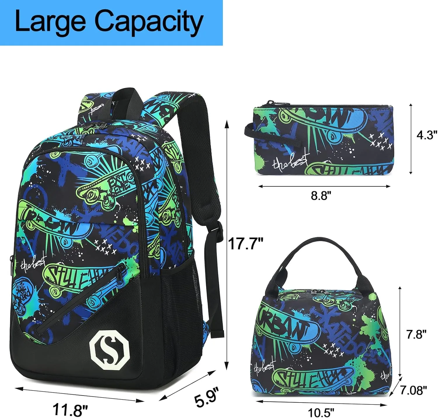 Kids Backpack Boys Elementary Bookbag Set 3 Pcs Waterproof Kindergarten School Bag with Insulated Lunch Tote Box and Pencil Pouch for Primary