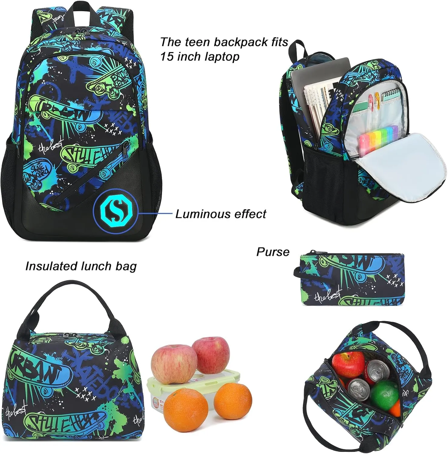 Kids Backpack Boys Elementary Bookbag Set 3 Pcs Waterproof Kindergarten School Bag with Insulated Lunch Tote Box and Pencil Pouch for Primary