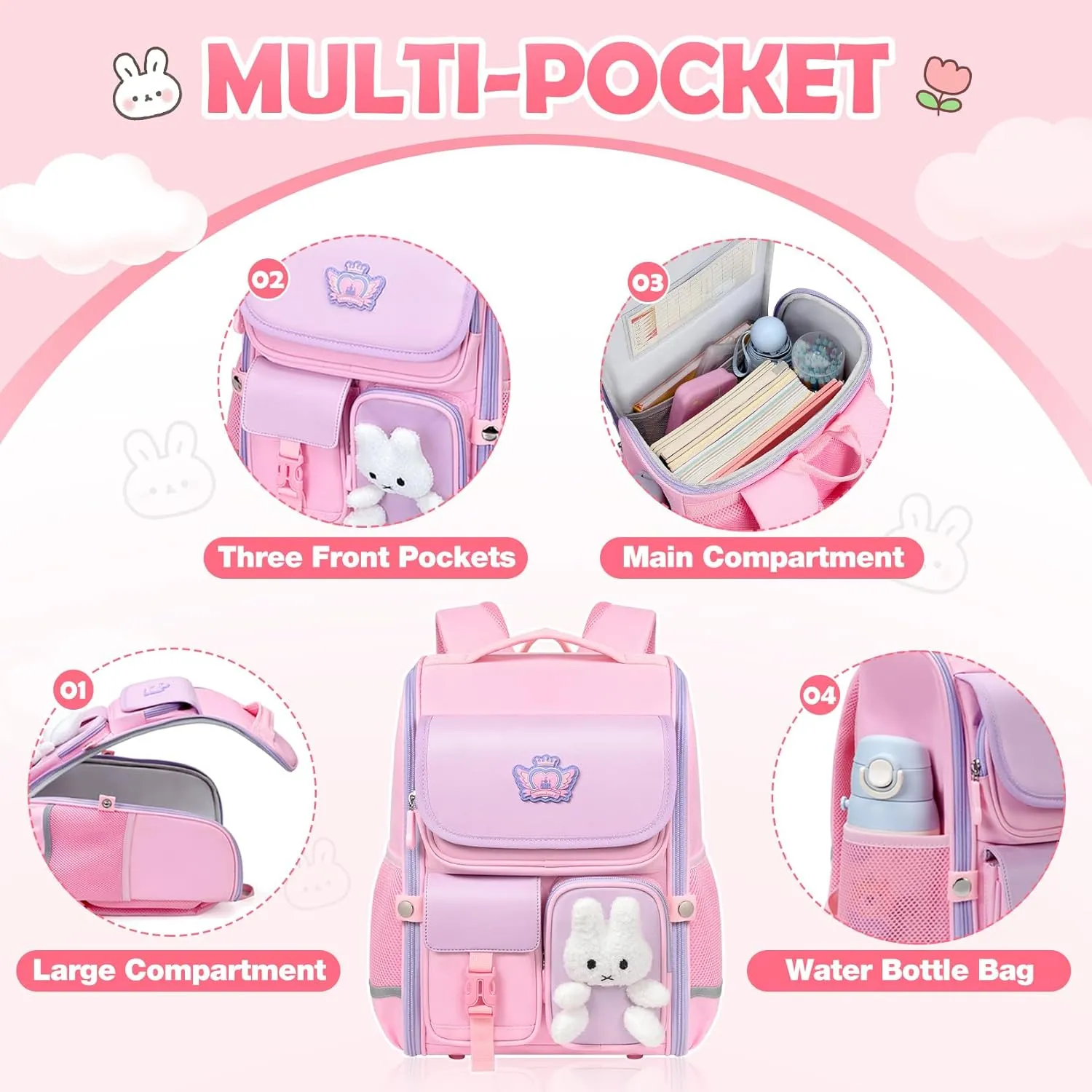Kids Backpack for Girls School Backpack for Elementary Primary Kawaii Pink Girls Large Capacity Bookbag Kids Travel Bag Waterproof School Bag for Aged 6-12