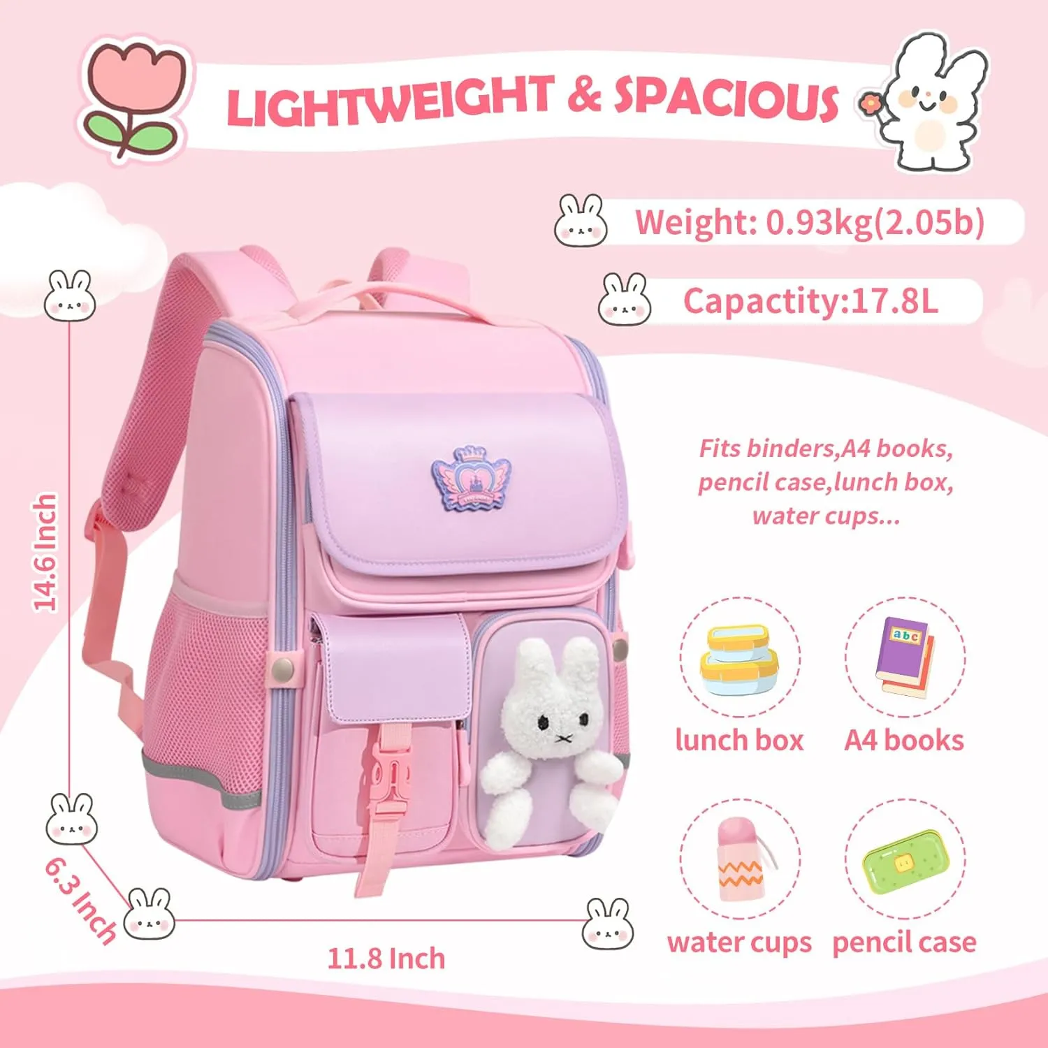 Kids Backpack for Girls School Backpack for Elementary Primary Kawaii Pink Girls Large Capacity Bookbag Kids Travel Bag Waterproof School Bag for Aged 6-12