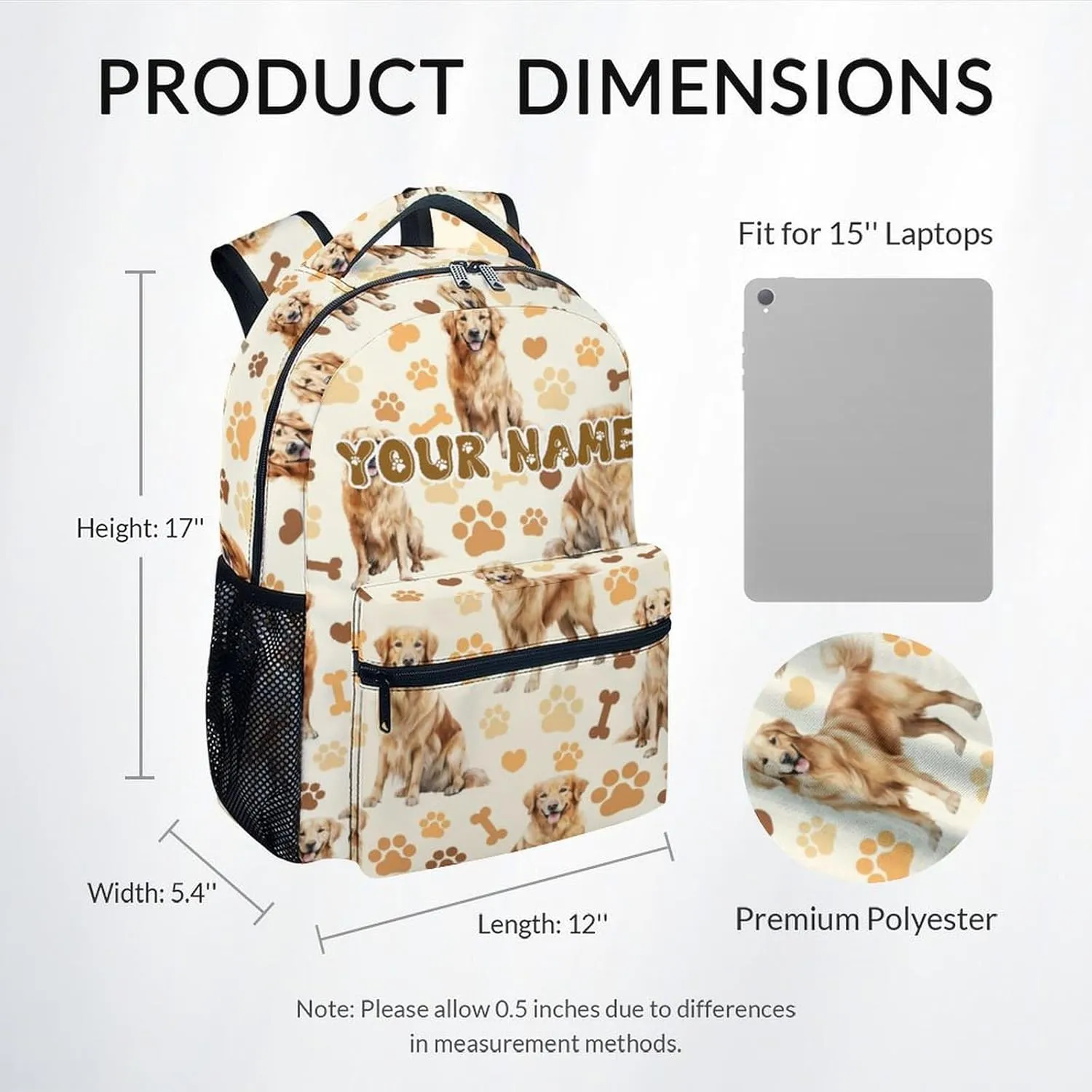 Kids Backpack, Personalization Cute Dog Bookbag for Elementary Middle, 17 Inch Custom Golden Retrievers School Bag for School Travel