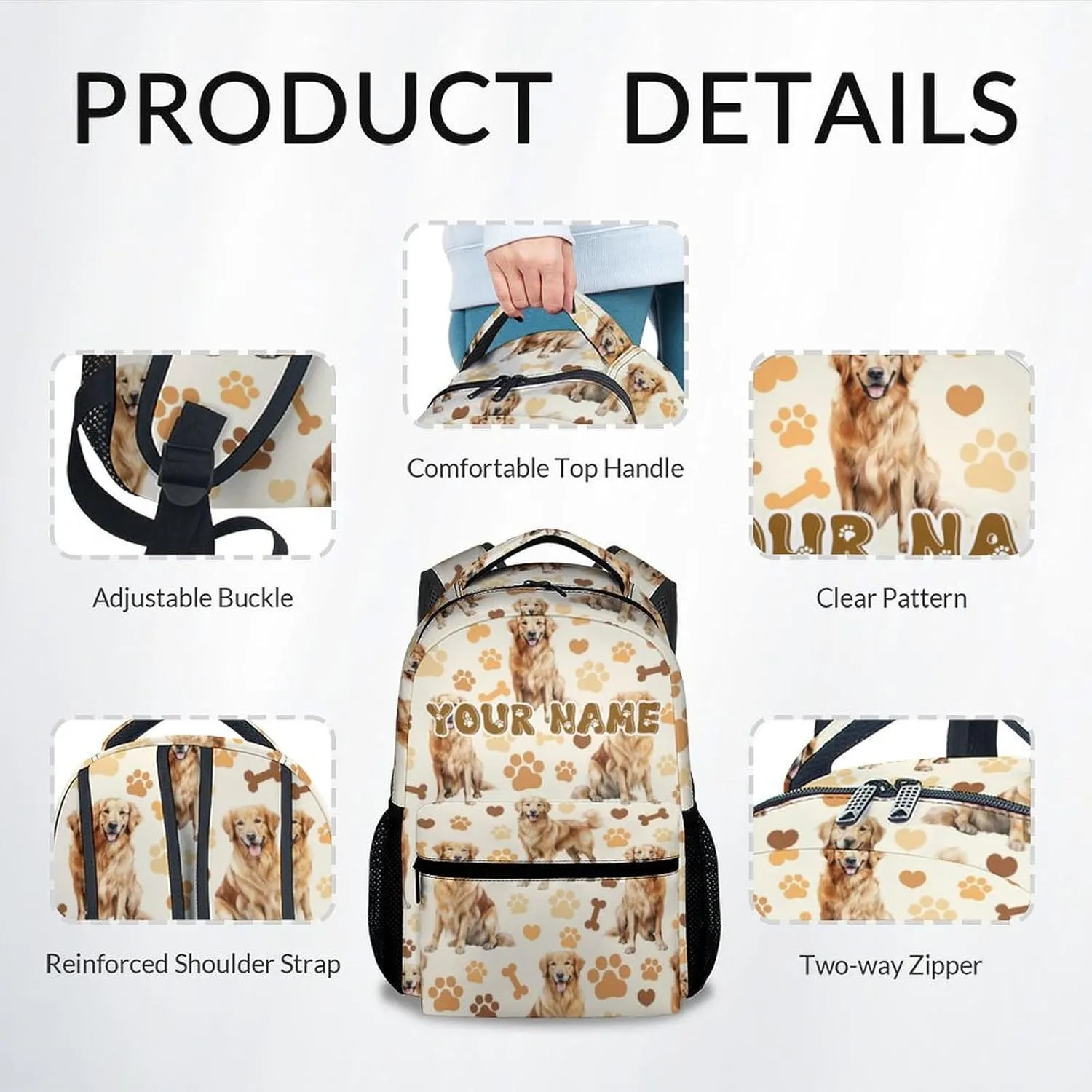 Kids Backpack, Personalization Cute Dog Bookbag for Elementary Middle, 17 Inch Custom Golden Retrievers School Bag for School Travel