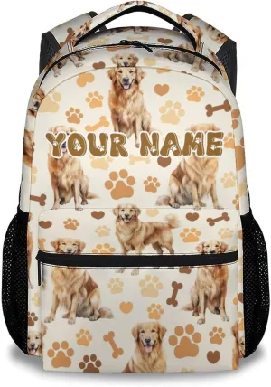Kids Backpack, Personalization Cute Dog Bookbag for Elementary Middle, 17 Inch Custom Golden Retrievers School Bag for School Travel