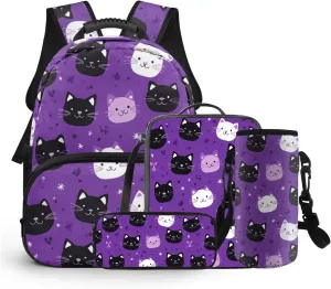 Kids Cats Backpack for Girls Large Capacity Bookbag and Lunch Box Set for Toddler Girls 4 Pieces Kids School Bag Set for Primary School Travel Casual Daypack