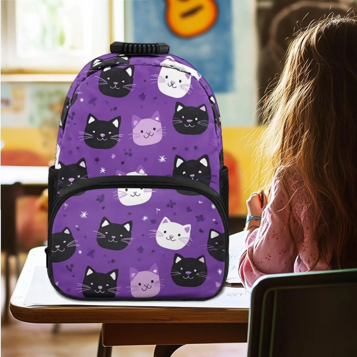 Kids Cats Backpack for Girls Large Capacity Bookbag and Lunch Box Set for Toddler Girls 4 Pieces Kids School Bag Set for Primary School Travel Casual Daypack