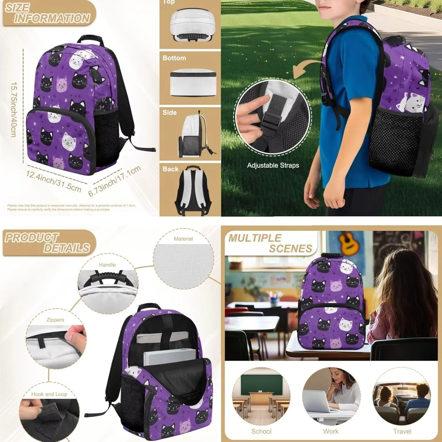 Kids Cats Backpack for Girls Large Capacity Bookbag and Lunch Box Set for Toddler Girls 4 Pieces Kids School Bag Set for Primary School Travel Casual Daypack