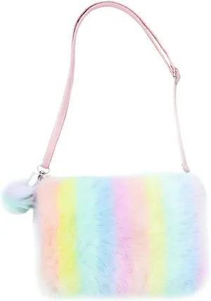 Kids Girls Fluffy Crossbody Purse Fuzzy Bag Plush Tie Dye Rainbow Shoulder Bag Handbag Wallet