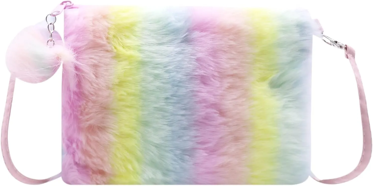 Kids Girls Fluffy Crossbody Purse Fuzzy Bag Plush Tie Dye Rainbow Shoulder Bag Handbag Wallet