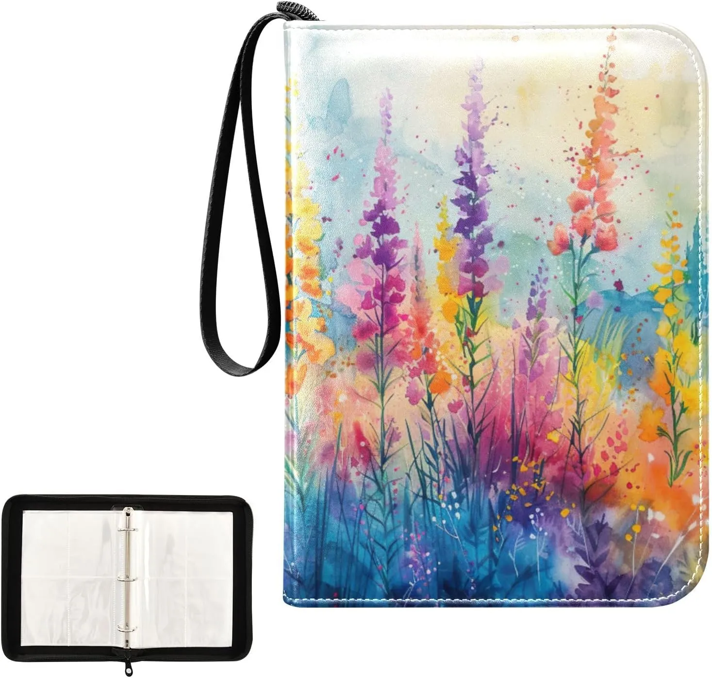 Kigai Flowers Painting Trading Card Binder, 4 Pockets Card Album with 400 Cards, Waterproof PU Zip Portable Card Holder for Sports Cards, Game Cards