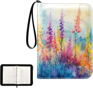 Kigai Flowers Painting Trading Card Binder, 4 Pockets Card Album with 400 Cards, Waterproof PU Zip Portable Card Holder for Sports Cards, Game Cards