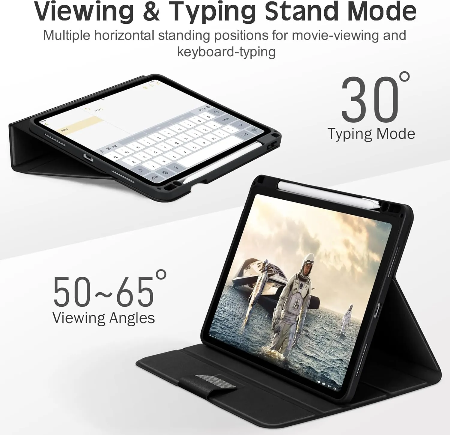 KingBlanc Case for iPad Pro 12.9 6th/5th/4th/3rd Generation 2022/2021/2020/2018 with Pencil Holder, Vegan Leather Bicolor Cover, Auto Sleep/Wake, Support Pencil2 Charging, Multi-Angle Viewing, Black