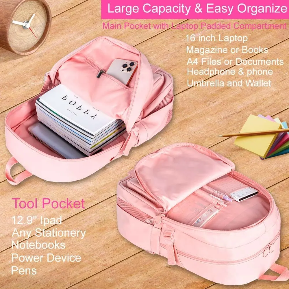 KLFVB Backpack for Girls, 15.6 Inch Cute Aesthetic Bookbag, Anti Theft Water Resistant College School Bag for Women Teens Primary Students - Pink
