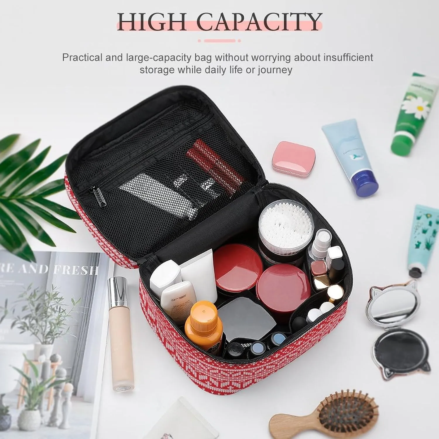 Knitted, Symmetrical, Red Portable Cosmetic Bag,Large Capacity Travel Makeup Case Organizer, Women Toiletry Bag for Girls Traveling with Compartments 25x18x15cm