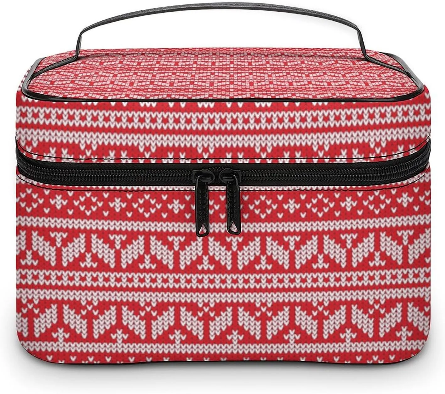 Knitted, Symmetrical, Red Portable Cosmetic Bag,Large Capacity Travel Makeup Case Organizer, Women Toiletry Bag for Girls Traveling with Compartments 25x18x15cm