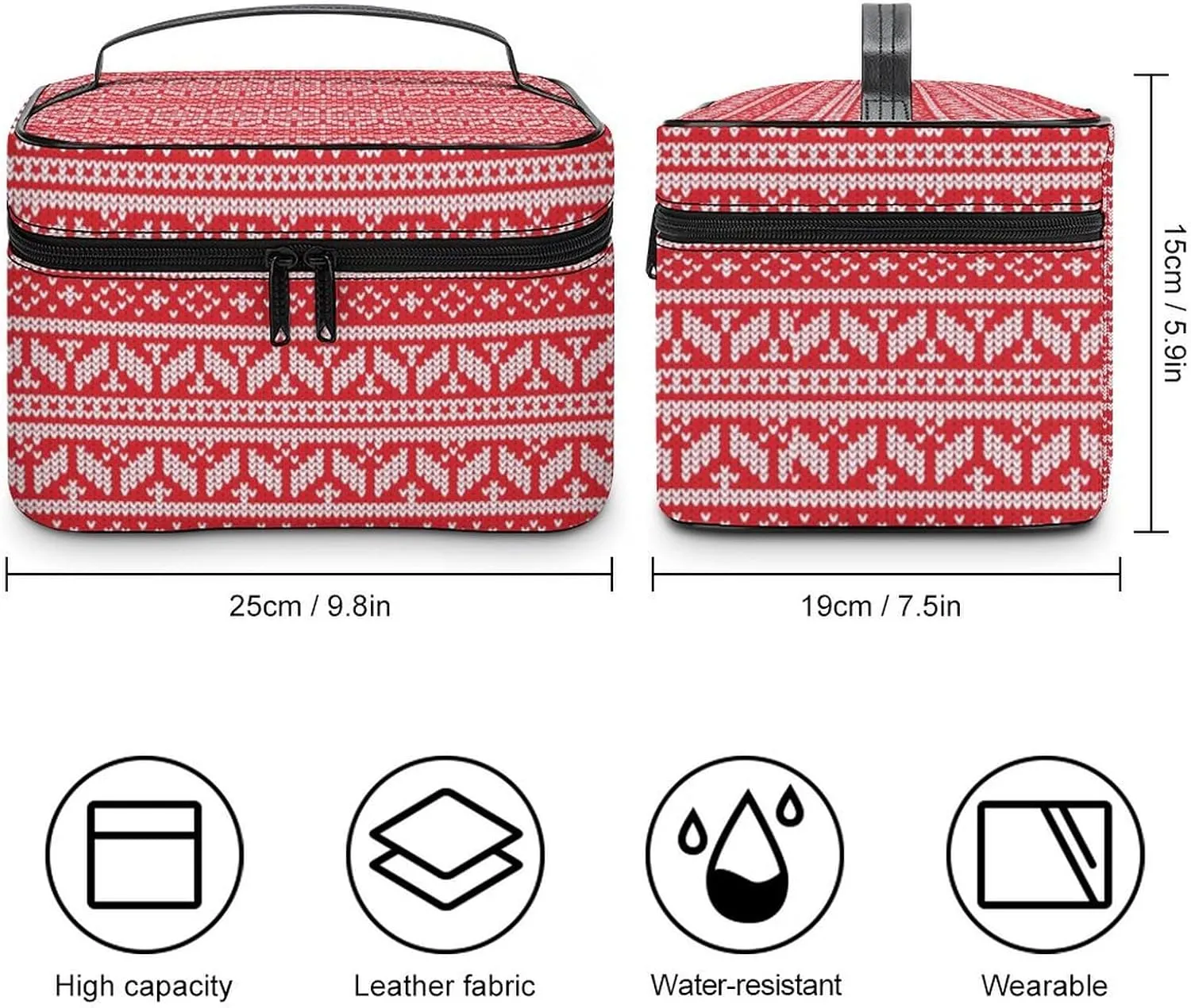 Knitted, Symmetrical, Red Portable Cosmetic Bag,Large Capacity Travel Makeup Case Organizer, Women Toiletry Bag for Girls Traveling with Compartments 25x18x15cm
