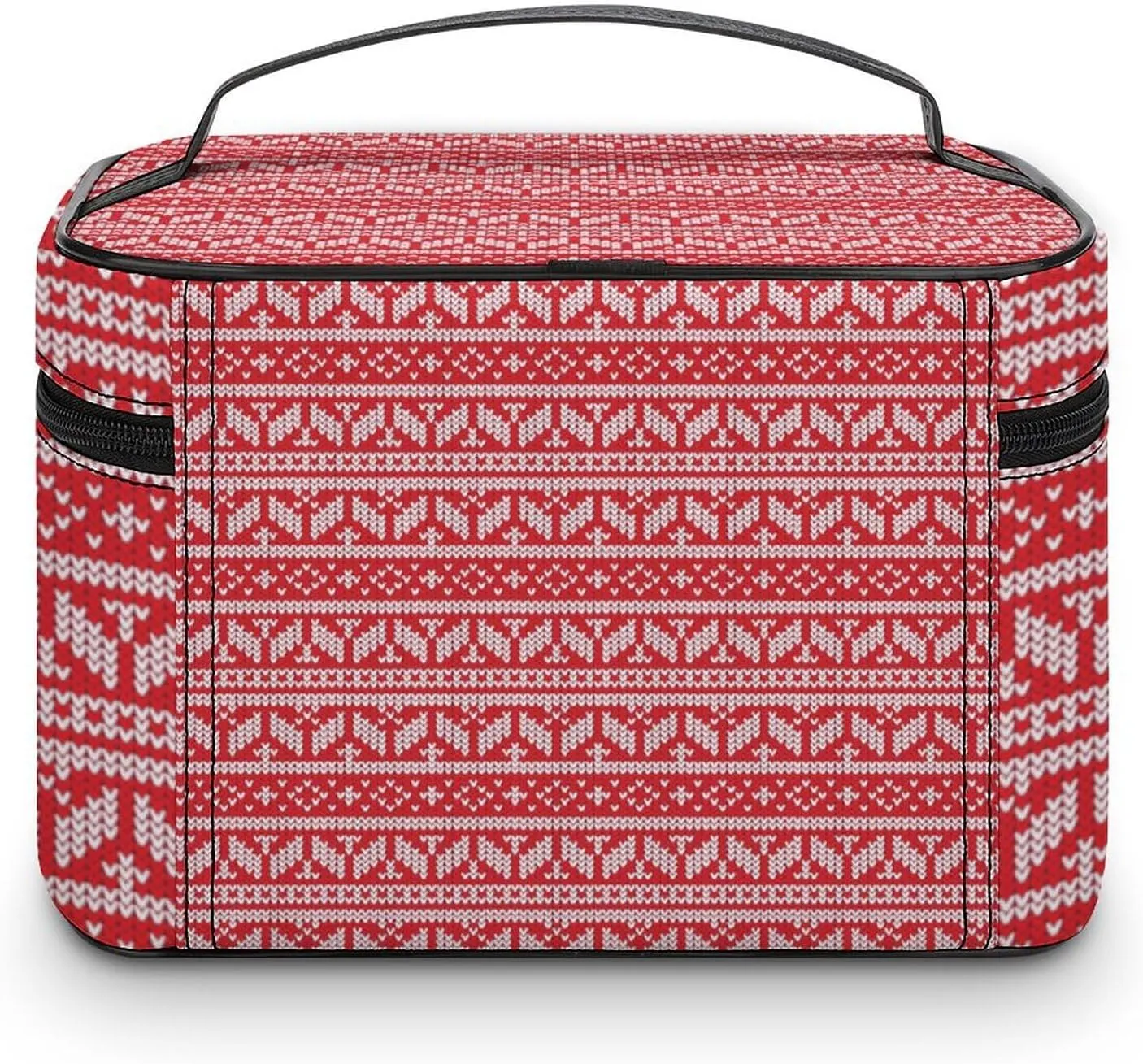 Knitted, Symmetrical, Red Portable Cosmetic Bag,Large Capacity Travel Makeup Case Organizer, Women Toiletry Bag for Girls Traveling with Compartments 25x18x15cm