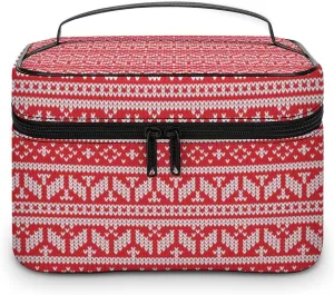 Knitted, Symmetrical, Red Portable Cosmetic Bag,Large Capacity Travel Makeup Case Organizer, Women Toiletry Bag for Girls Traveling with Compartments 25x18x15cm