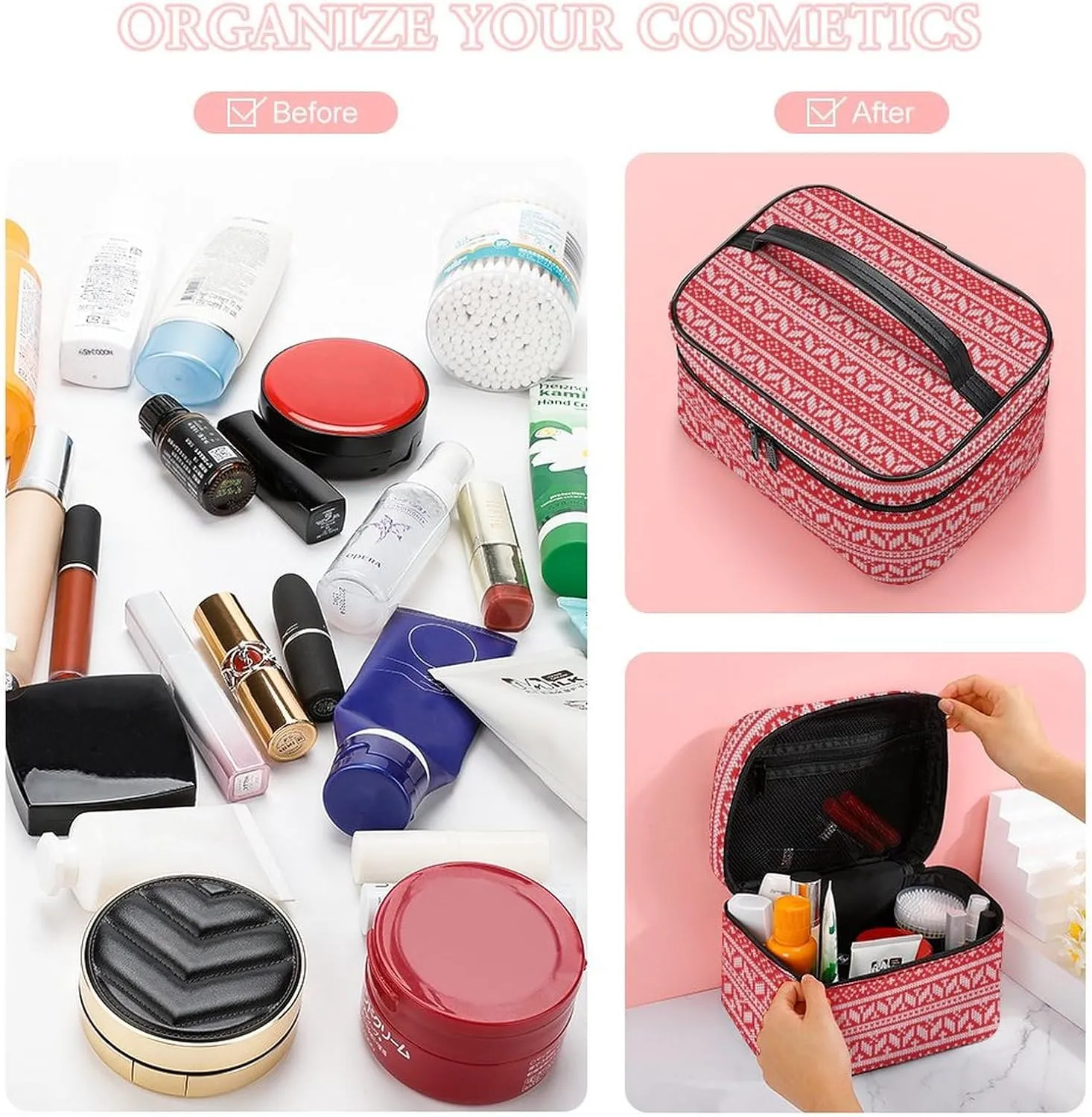 Knitted, Symmetrical, Red Portable Cosmetic Bag,Large Capacity Travel Makeup Case Organizer, Women Toiletry Bag for Girls Traveling with Compartments 25x18x15cm