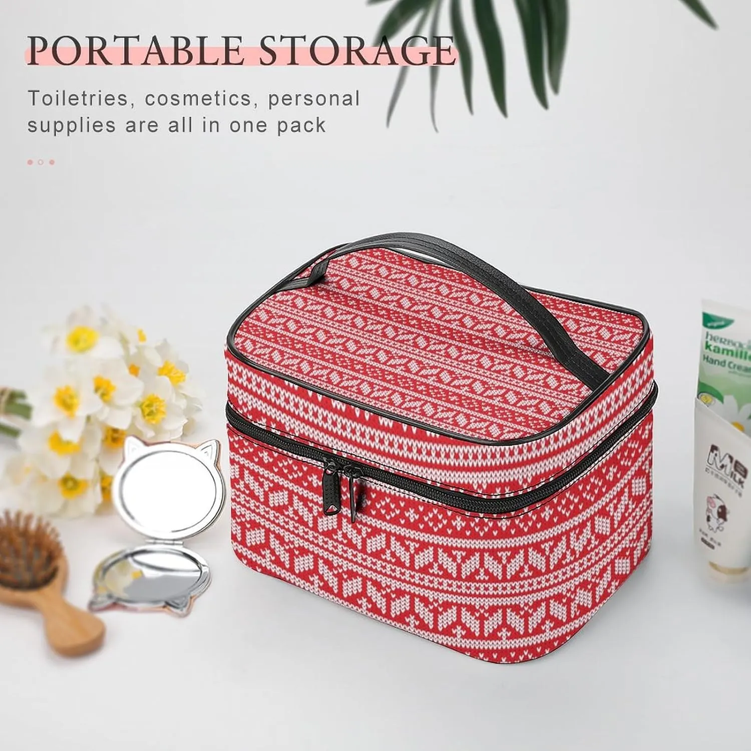 Knitted, Symmetrical, Red Portable Cosmetic Bag,Large Capacity Travel Makeup Case Organizer, Women Toiletry Bag for Girls Traveling with Compartments 25x18x15cm