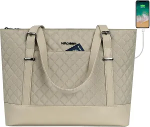 KROSER Laptop Tote Bag 15.6 Inch with USB Port, Large Work Tote Bag Computer Shoulder Bag for Women, Laptop Carrying Case Stylish Handbag Gift for Office Business Travel(Light khaki)