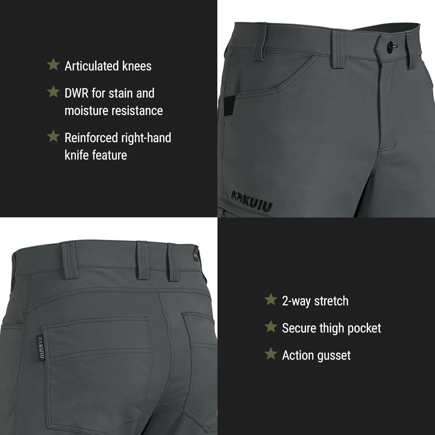 KUIU Switchback Pant - Water & Stain Resistant, 2-Way Stretch, Reinforced Knife Pocket, Durable & Versatile for Hiking