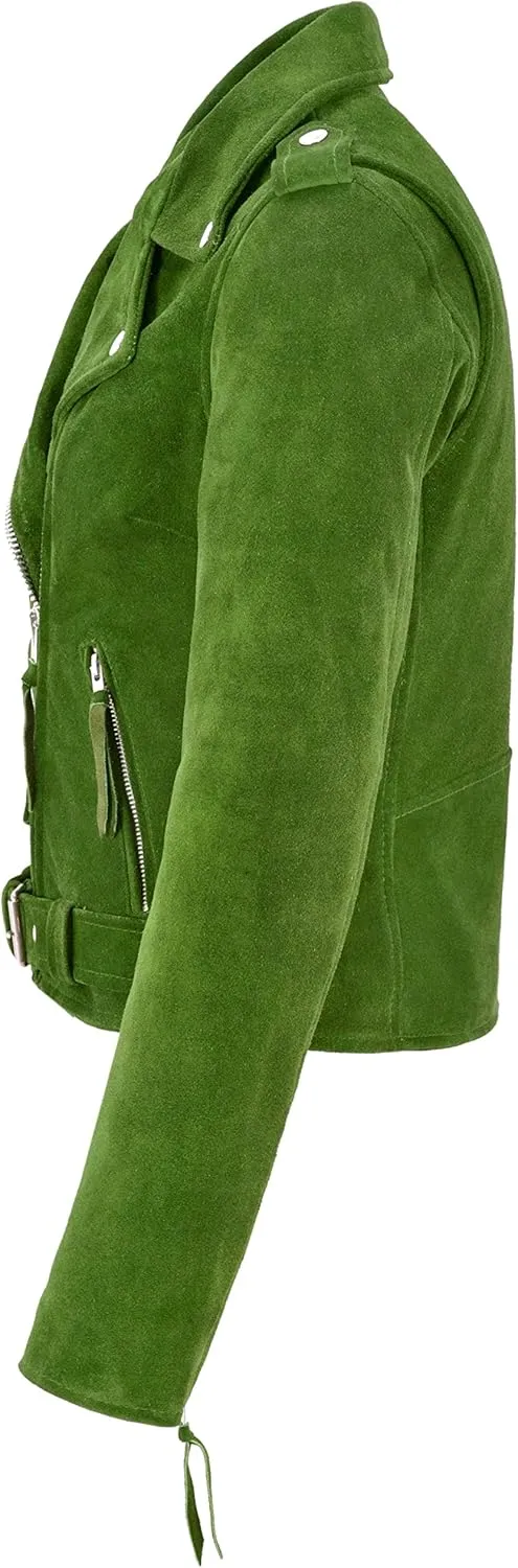 Ladies Brando Biker Leather Jacket Lime Green Cow Suede Classic Motorcycle Style