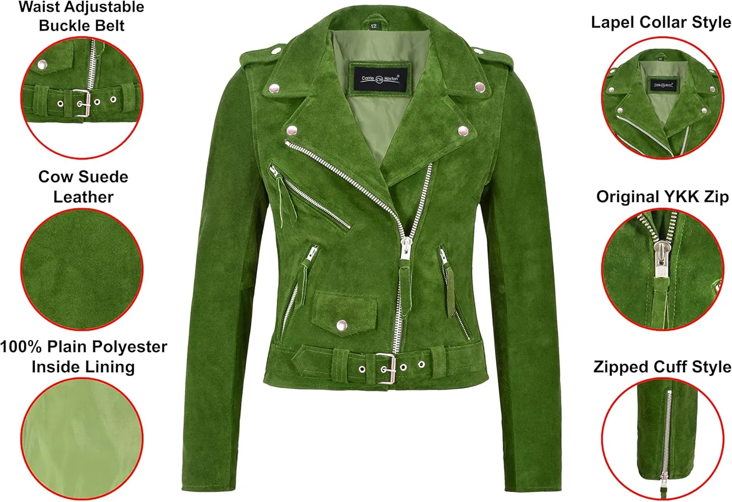 Ladies Brando Biker Leather Jacket Lime Green Cow Suede Classic Motorcycle Style