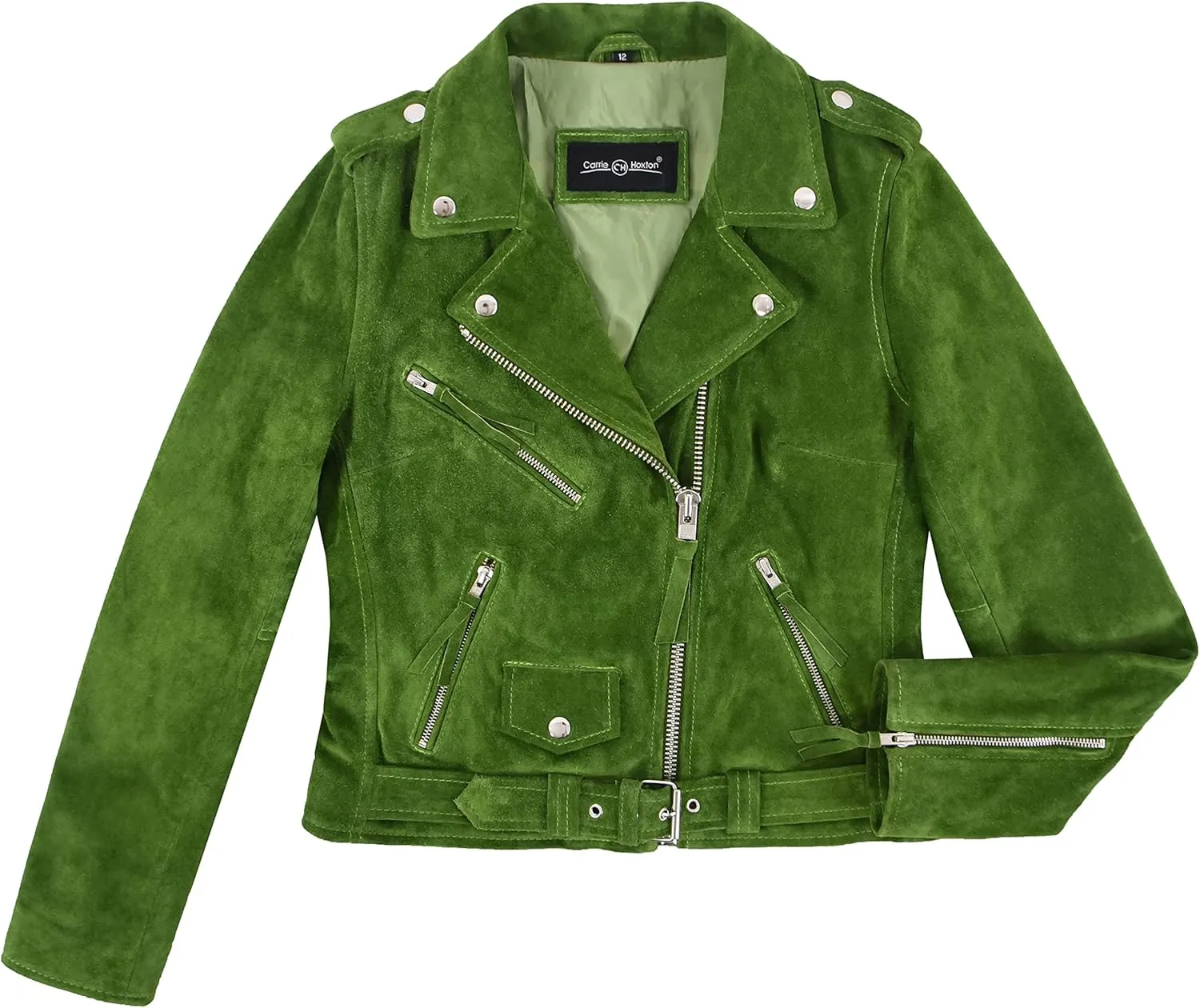 Ladies Brando Biker Leather Jacket Lime Green Cow Suede Classic Motorcycle Style