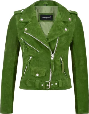 Ladies Brando Biker Leather Jacket Lime Green Cow Suede Classic Motorcycle Style