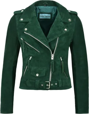 Ladies Brando Leather Jacket Green Suede Fitted Biker Motorcycle Style MBF