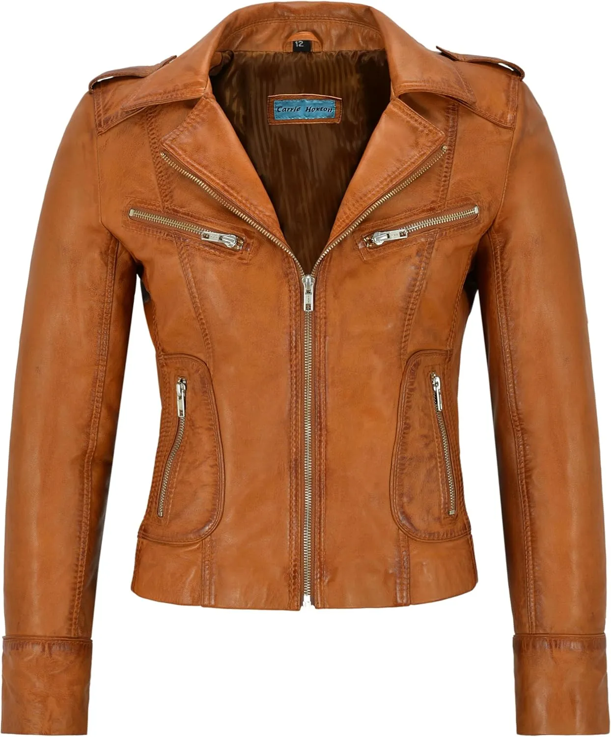 Ladies Real Leather Jacket Tan Napa Biker Motorcycle Style 9823