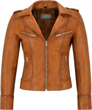 Ladies Real Leather Jacket Tan Napa Biker Motorcycle Style 9823