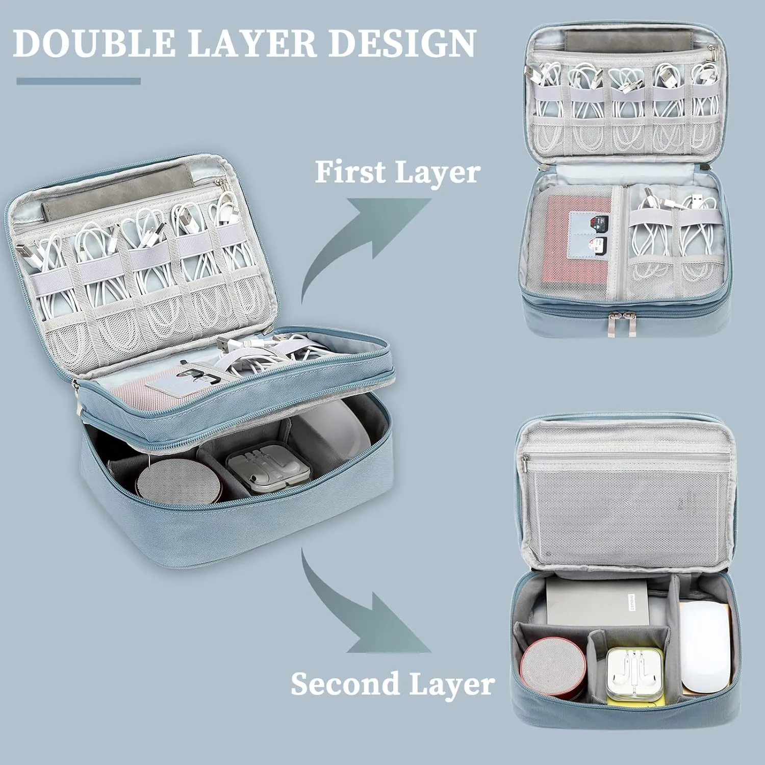 Lanola Electronic Accessories Case,Electronics Travel Organizer, Portable Double Layer Cable Storage Bag for Cord, Charger, Flash Drive, Phone, SD Card,Flash Drive,Adapter - Light Blue