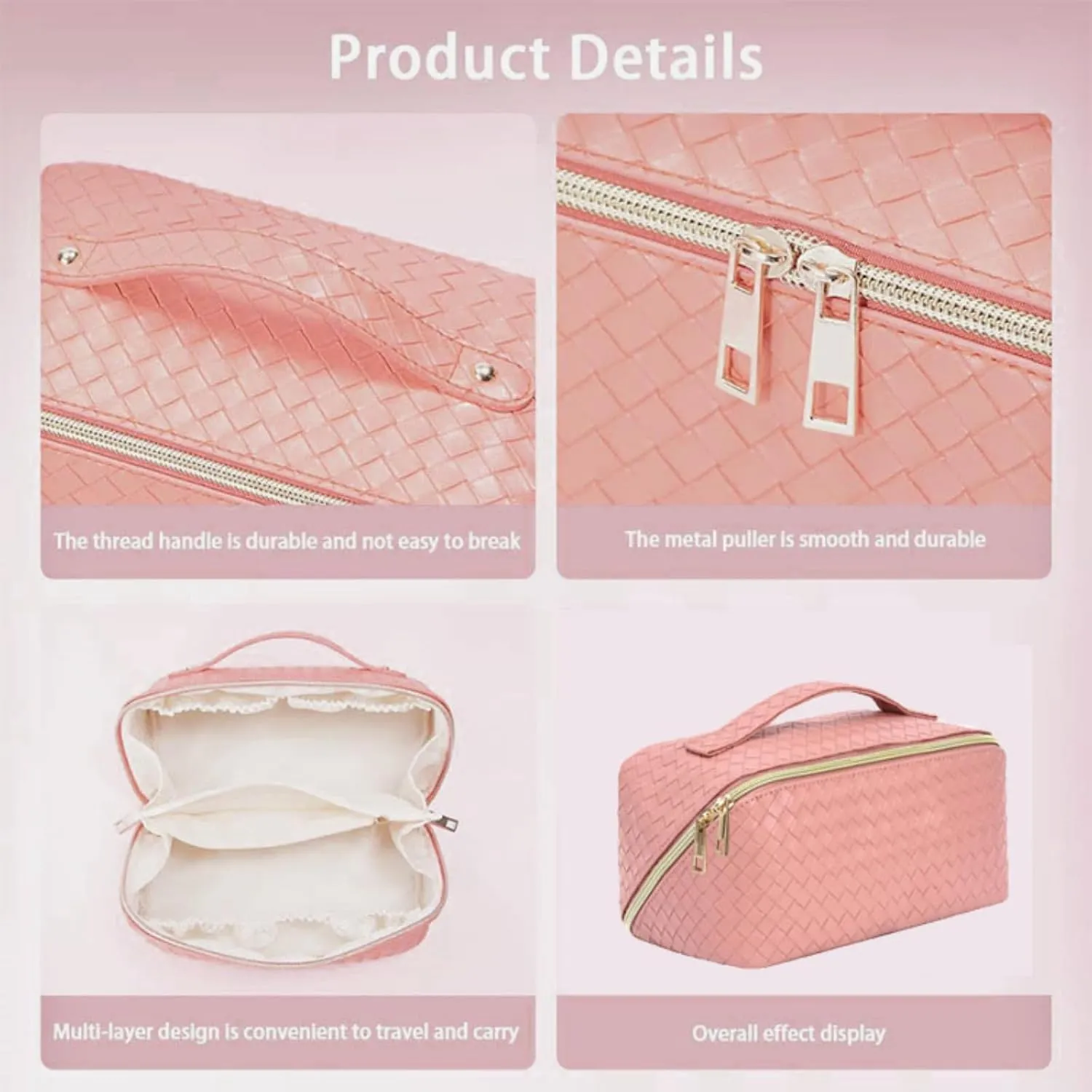 Large Capacity Travel Makeup Bag,Portable Waterproof Cosmetic Bag,PU Leather Checkered with Handle Divider Multifunctional Bag,Parallel Makeup Organizer Toiletry Bag for Women (Pink)